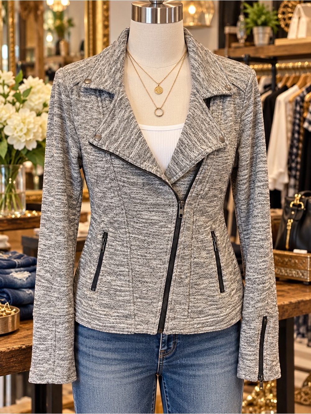Market & Spruce Heather Gray Moto Knit Jacket